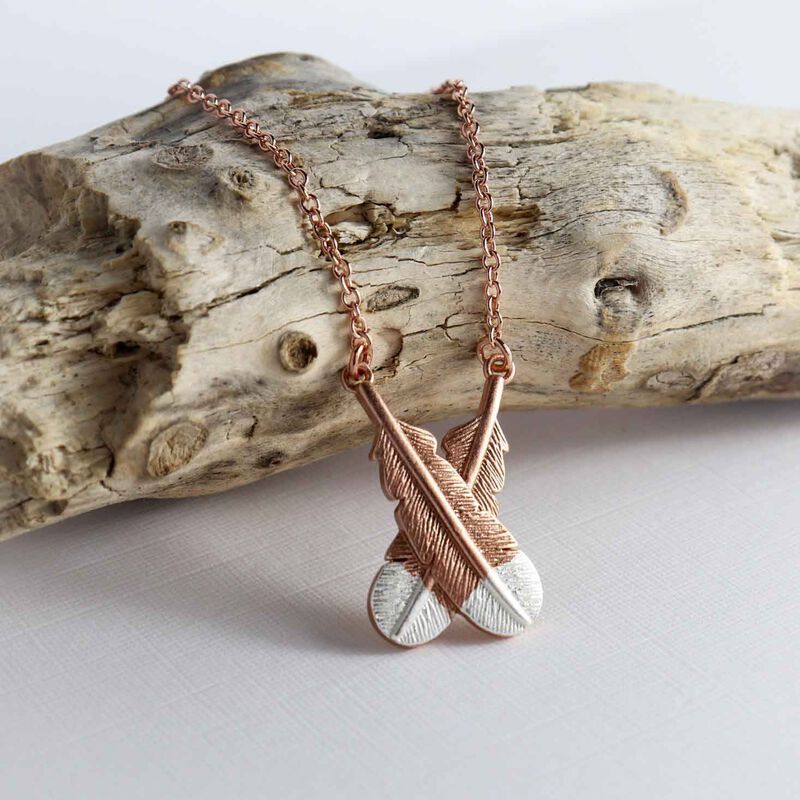 Little Taonga Huia Crossed Feather Necklace Rose Gold With Silver Tips image number 1